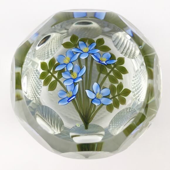 Perthshire 1997D Blue Bouquet Lampwork Flower Faceted Clear Vintage Paperweight - Picture 1 of 13